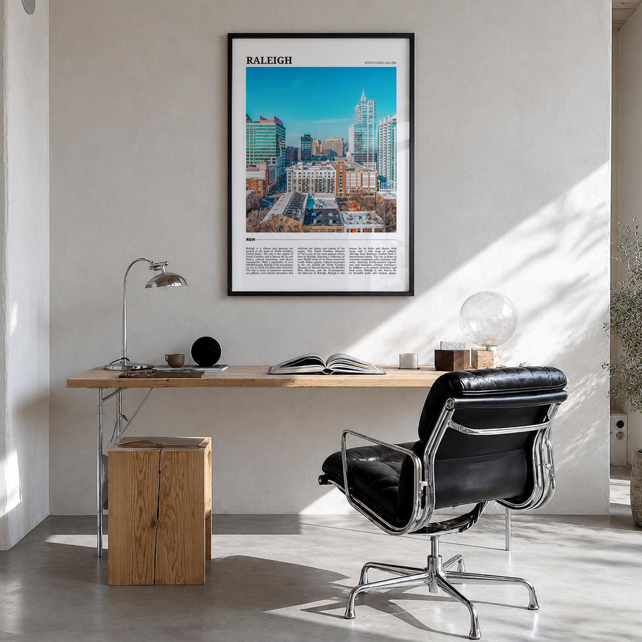 Raleigh colorful travel poster of North Carolina, USA – vertical wall art in black wood frame, hanging on wall