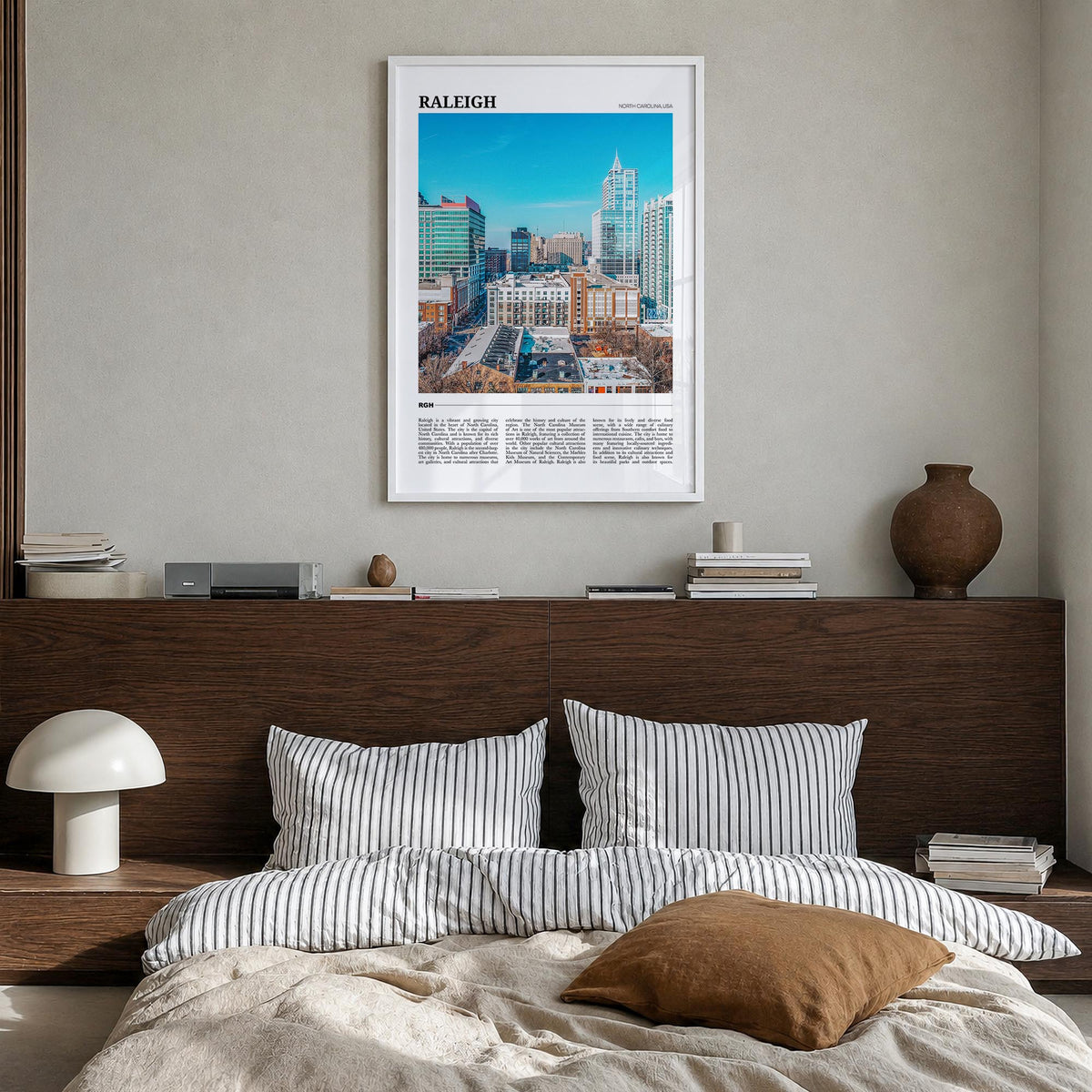 Raleigh colorful travel poster of North Carolina, USA – vertical wall art in white wood frame, hanging on wall
