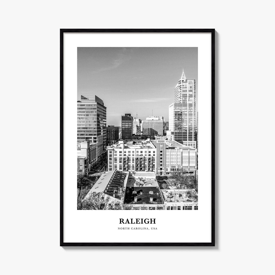 Raleigh no. 1 black & white classic poster of North Carolina, USA – vertical wall art, unframed print shown in interior mocku