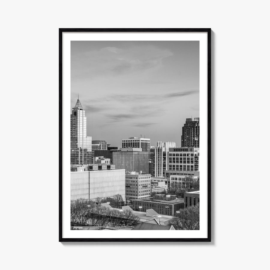 Raleigh no. 1 black & white photo poster of North Carolina, USA – vertical wall art, unframed print shown in interior mockup