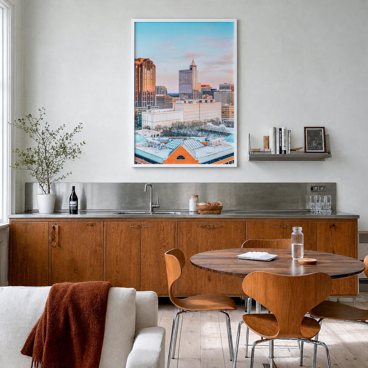 Raleigh no. 1 colorful photo poster of North Carolina, USA – vertical wall art in white wood frame, hanging on wall