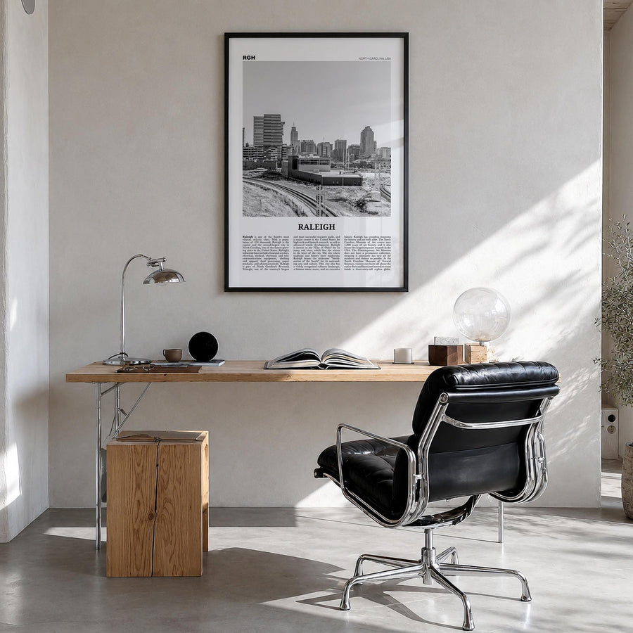 Raleigh no. 2 black & white newspaper poster of North Carolina, USA – vertical wall art in black wood frame, hanging on wall