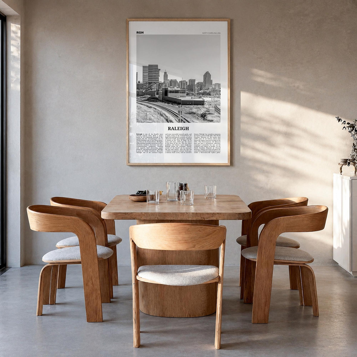 Raleigh no. 2 black & white newspaper poster of North Carolina, USA – vertical wall art in natural wood frame, hanging on wal