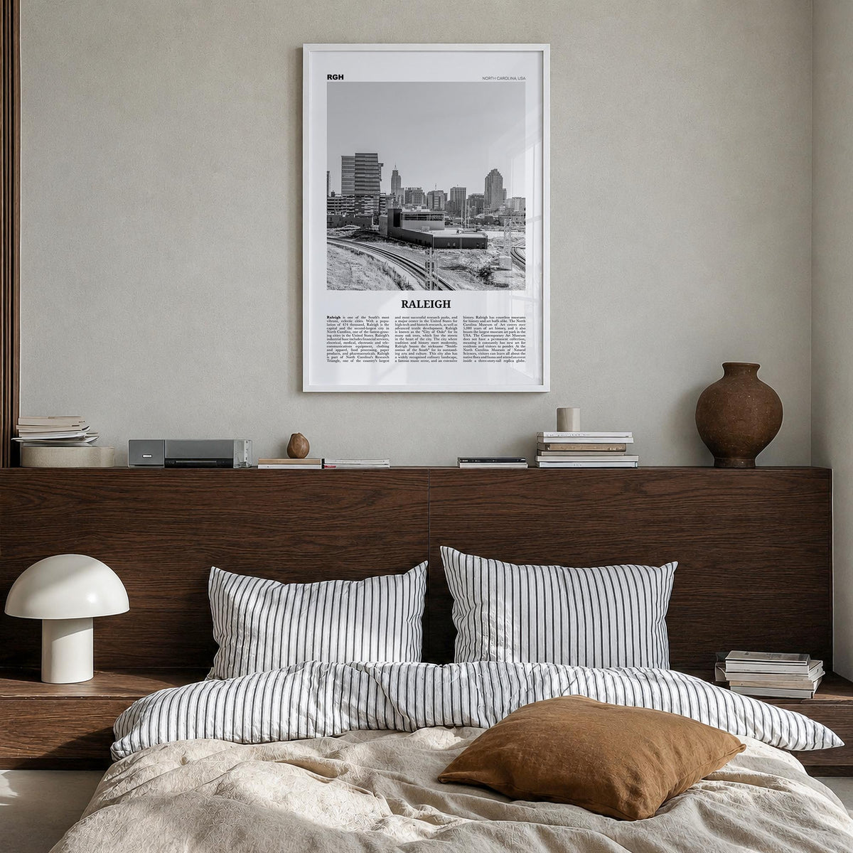 Raleigh no. 2 black & white newspaper poster of North Carolina, USA – vertical wall art in white wood frame, hanging on wall