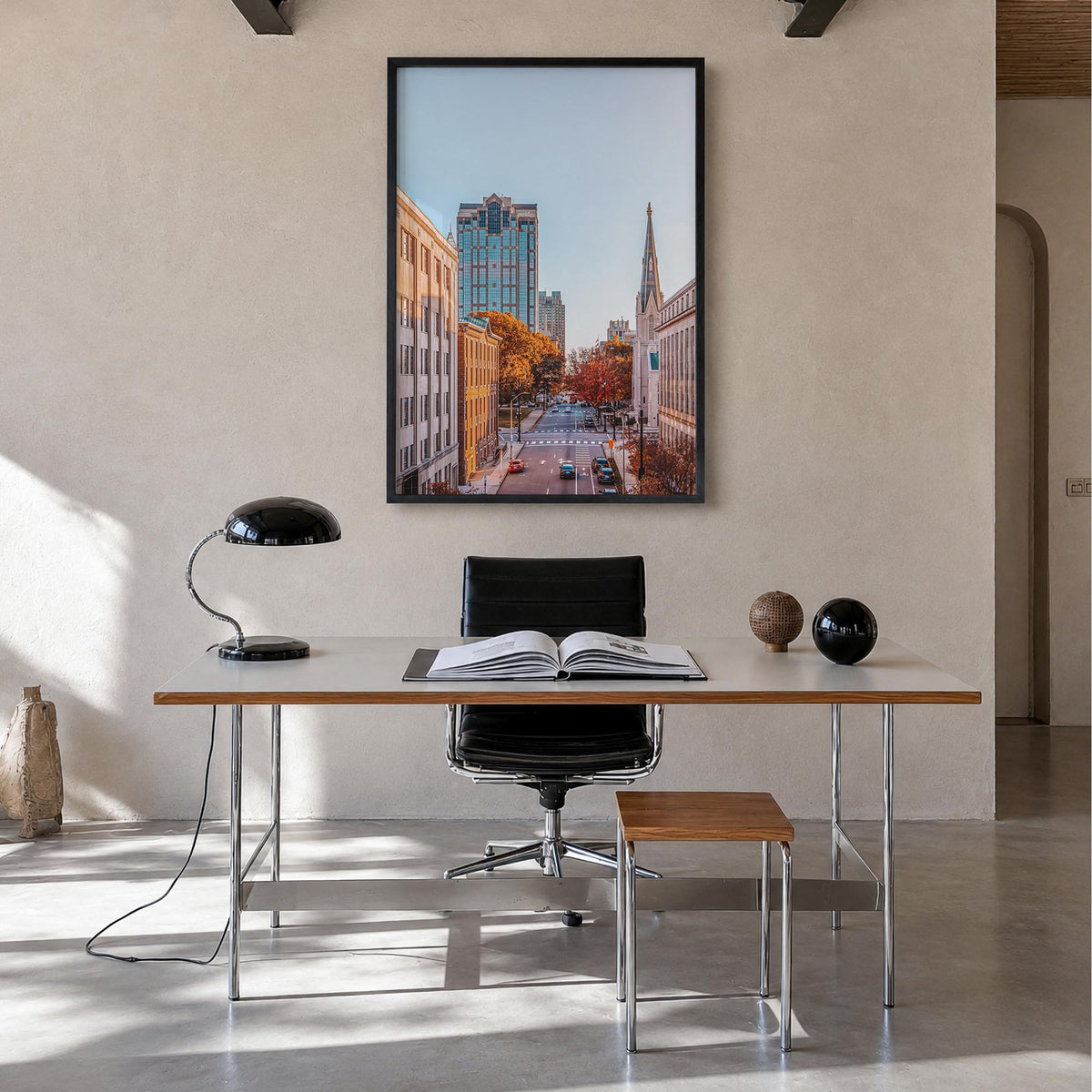 Raleigh no. 2 colorful photo poster of North Carolina, USA – vertical wall art in black wood frame, hanging on wall