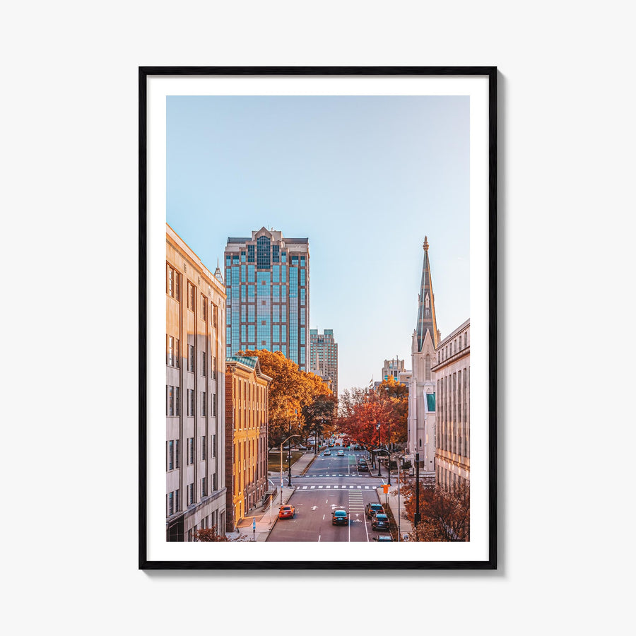 Raleigh no. 2 colorful photo poster of North Carolina, USA – vertical wall art, unframed print shown in interior mockup