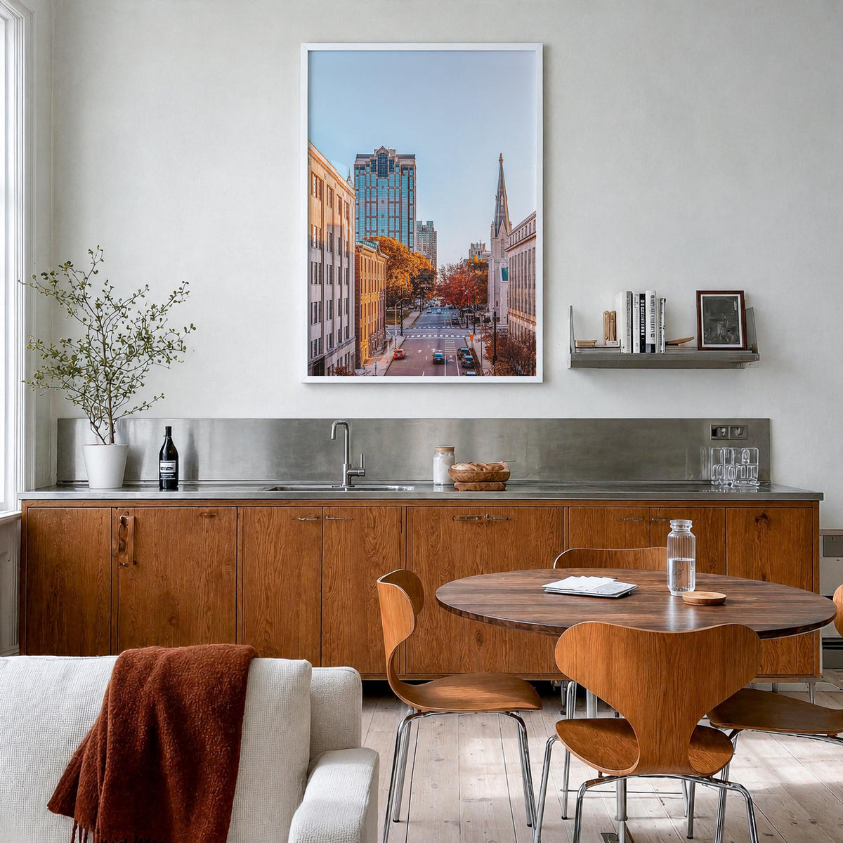 Raleigh no. 2 colorful photo poster of North Carolina, USA – vertical wall art in white wood frame, hanging on wall