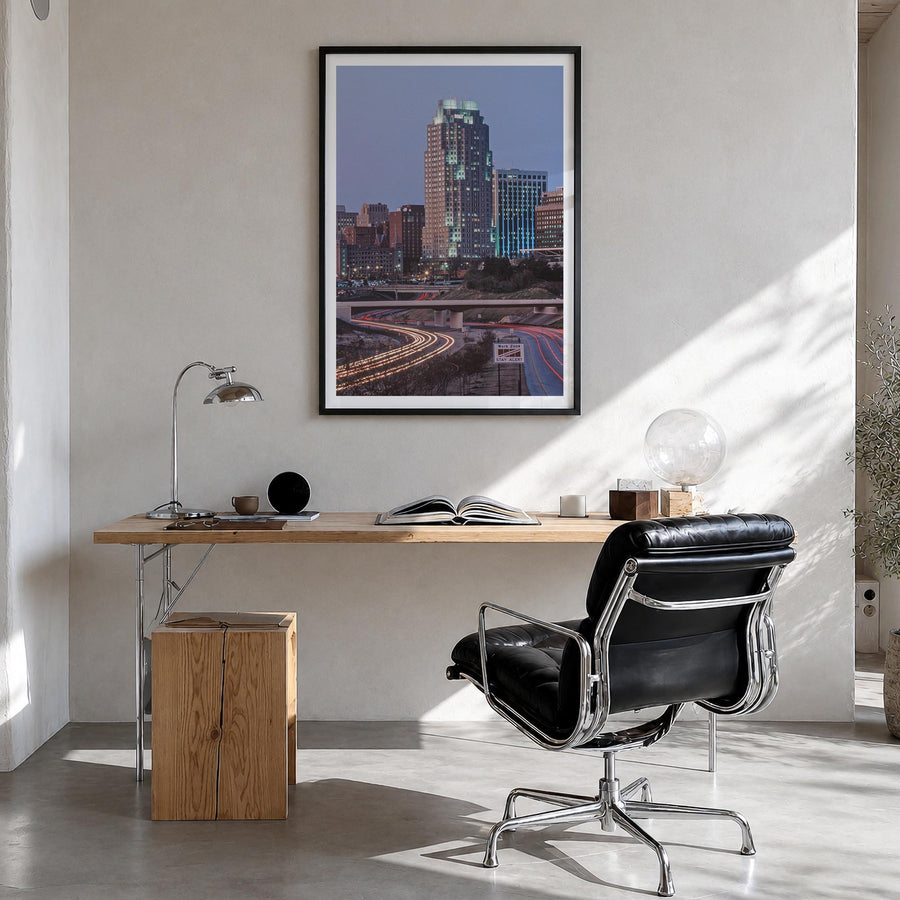 Raleigh no. 3 colorful photo poster of North Carolina, USA – vertical wall art in black wood frame with white border, hanging