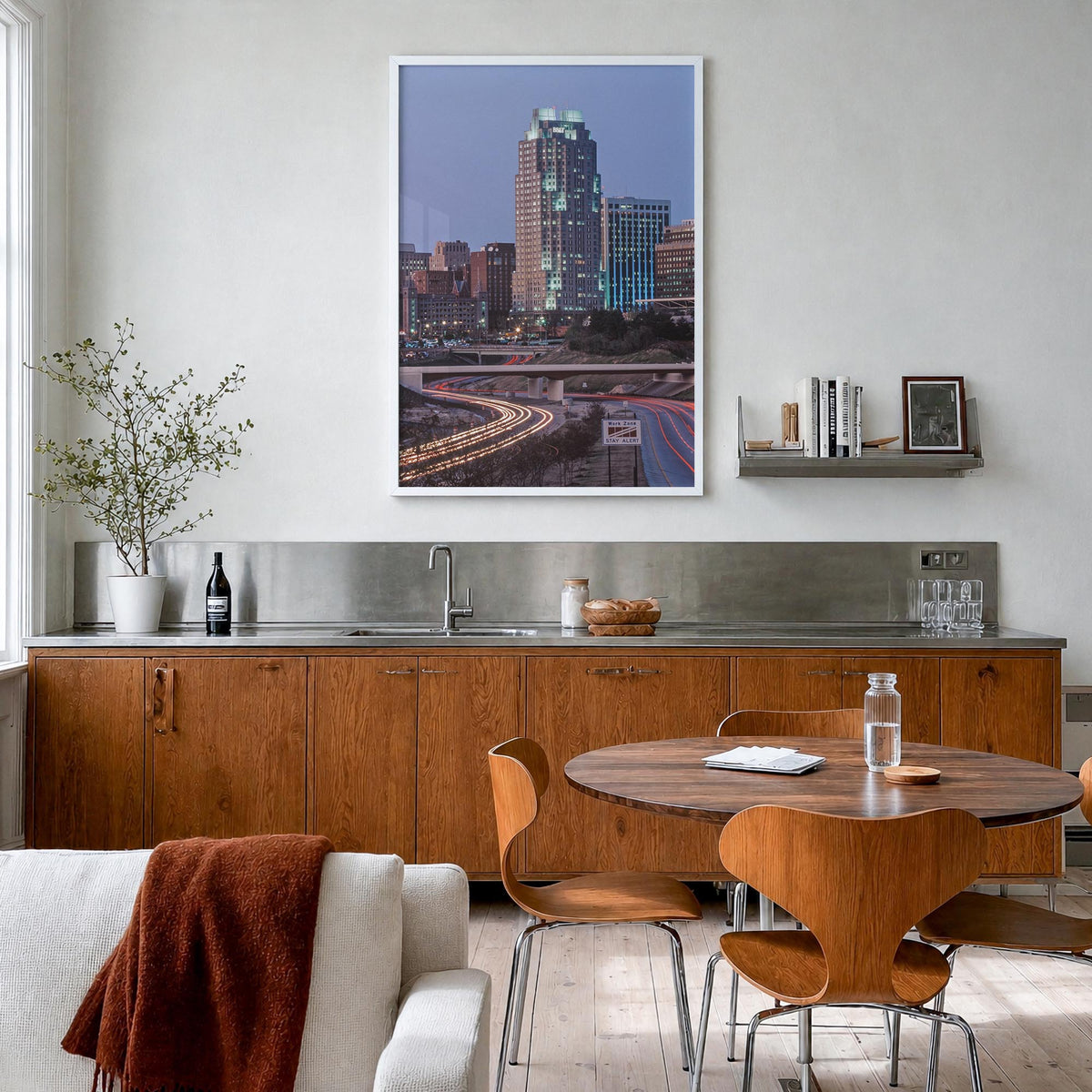 Raleigh no. 3 colorful photo poster of North Carolina, USA – vertical wall art in white wood frame, hanging on wall