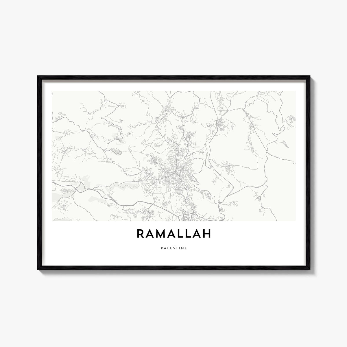 Ramallah black & white map poster of Palestine – horizontal wall art, unframed print shown in interior mockup