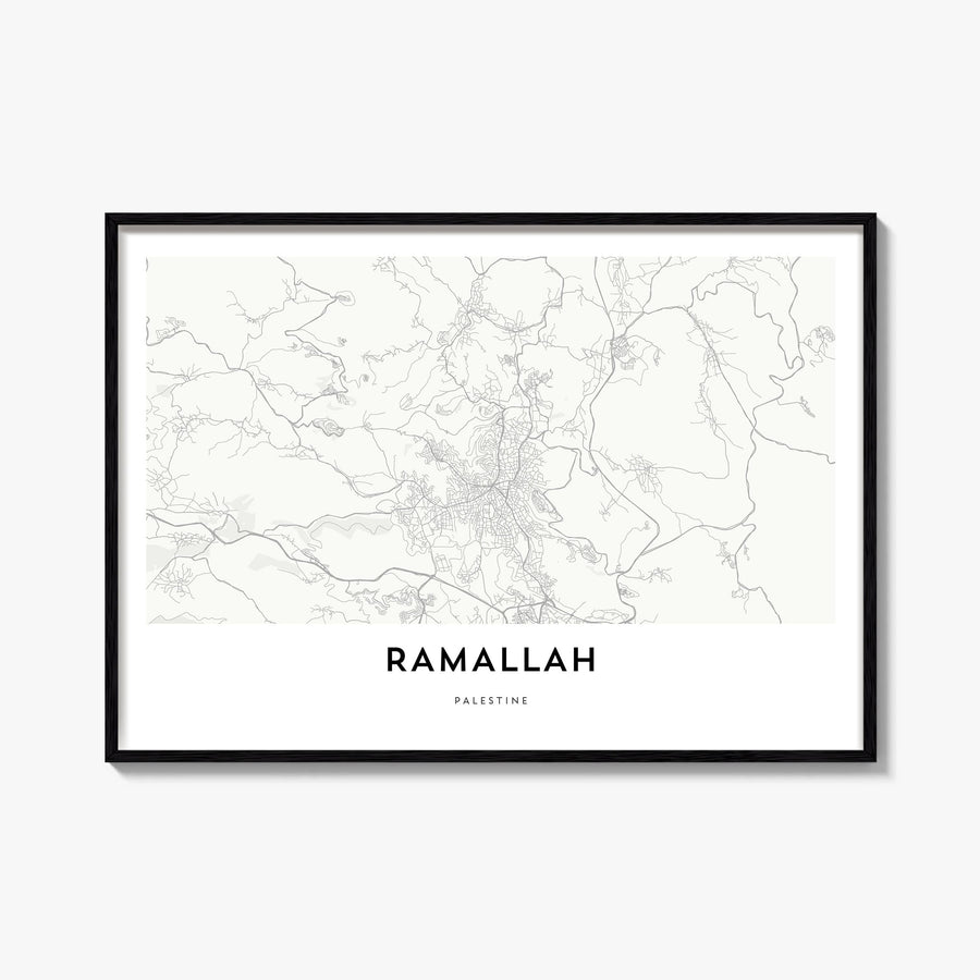 Ramallah black & white map poster of Palestine – horizontal wall art, unframed print shown in interior mockup