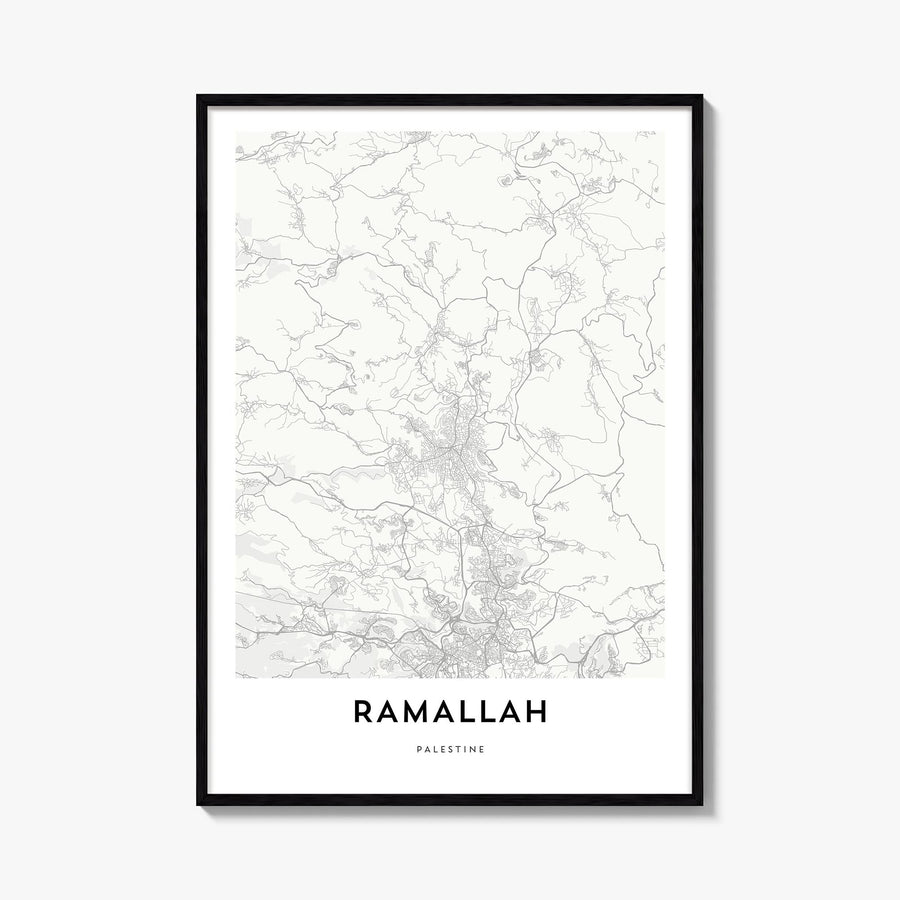 Ramallah black & white map poster of Palestine – vertical wall art, unframed print shown in interior mockup