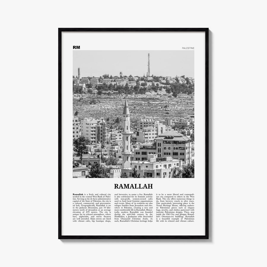 Ramallah black & white newspaper poster of Palestine – vertical wall art, unframed print shown in interior mockup