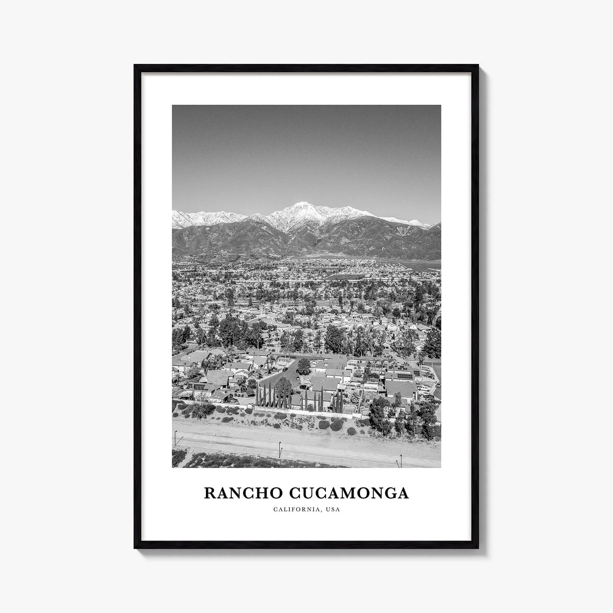 Rancho Cucamonga black & white classic poster of California, USA – vertical wall art, unframed print shown in interior mockup