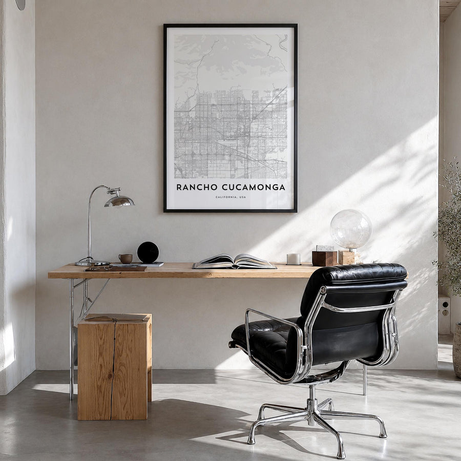 Rancho Cucamonga black & white map poster of California, USA – vertical wall art in black wood frame, hanging on wall