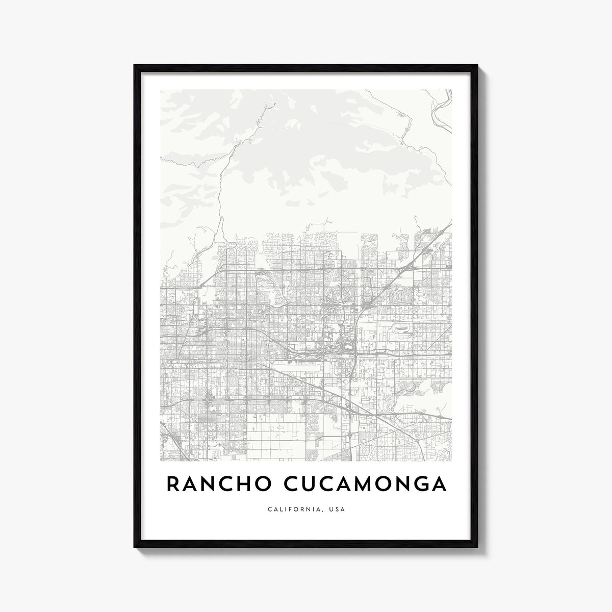 Rancho Cucamonga black & white map poster of California, USA – vertical wall art, unframed print shown in interior mockup
