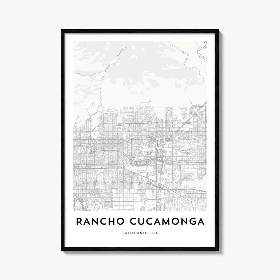 Rancho Cucamonga black & white map poster of California, USA – vertical wall art, unframed print shown in interior mockup