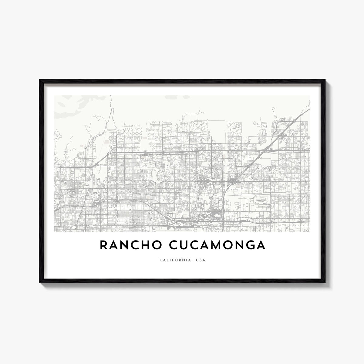 Rancho Cucamonga black & white map poster of California, USA – horizontal wall art, unframed print shown in interior mockup