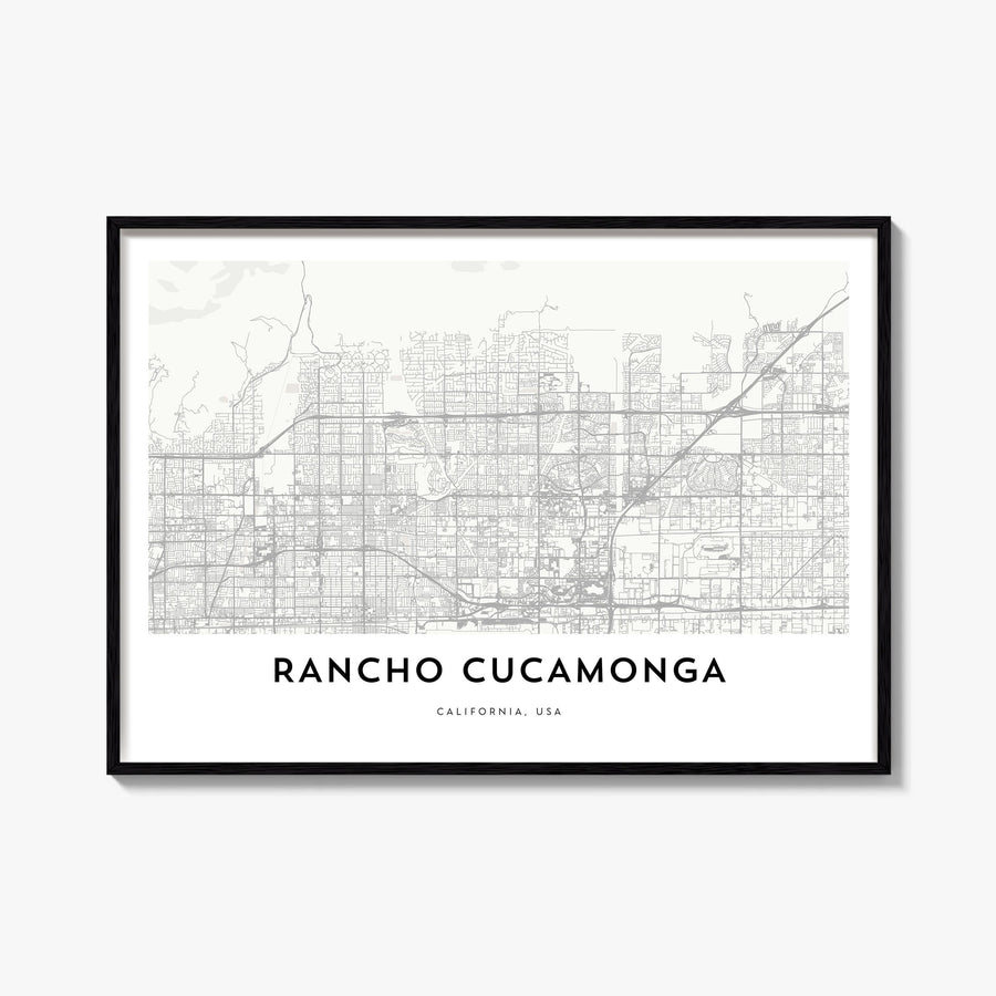 Rancho Cucamonga black & white map poster of California, USA – horizontal wall art, unframed print shown in interior mockup