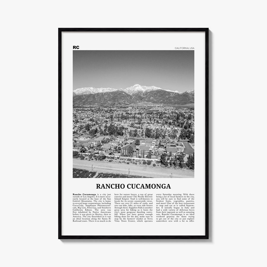 Rancho Cucamonga black & white newspaper poster of California, USA – vertical wall art, unframed print shown in interior mock