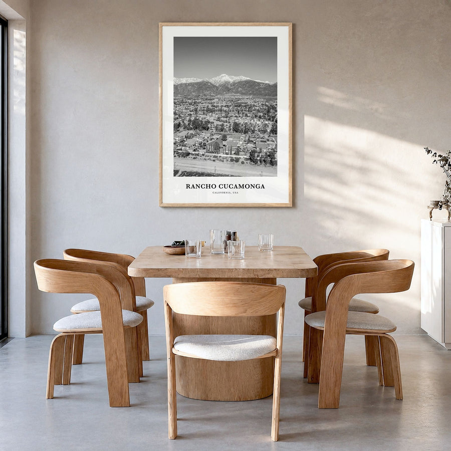 Rancho Cucamonga Classic Poster in a natural wood frame, hanging in a dining room
