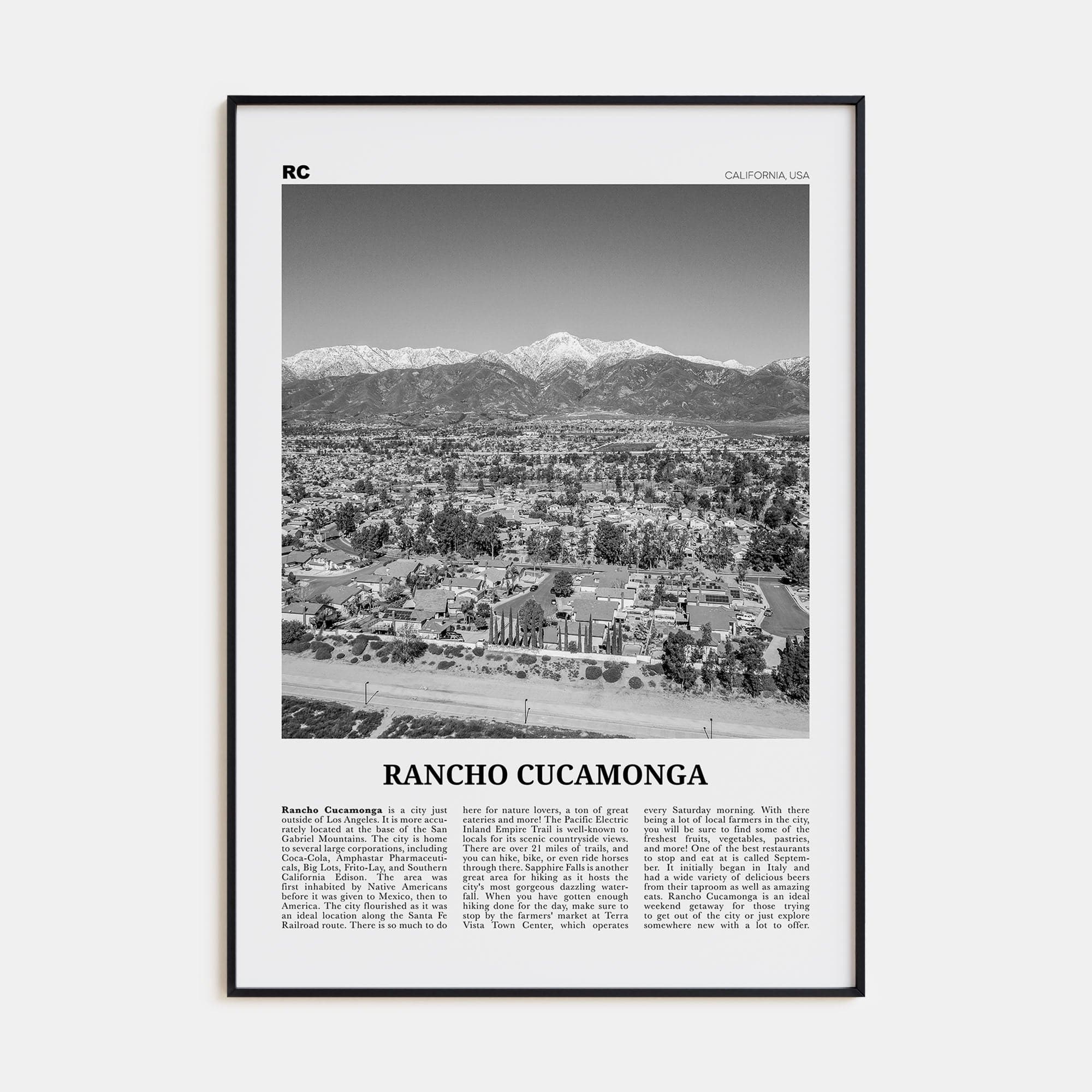 Rancho Cucamonga Poster Black Metal / 8x12 in Nbourhood Travel B&W Poster