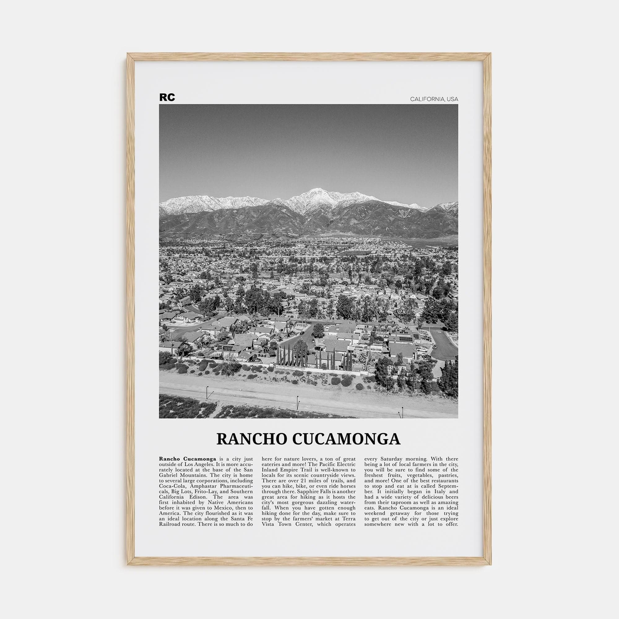 Rancho Cucamonga Poster Natural Wood / 8x12 in Nbourhood Travel B&W Poster