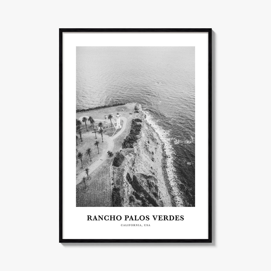 Rancho Palos Verdes black & white classic poster of California, USA – vertical wall art, unframed print shown in interior moc