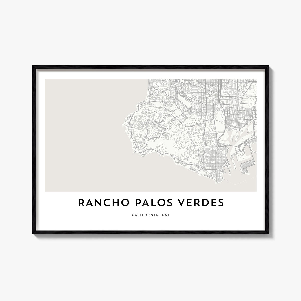 Rancho Palos Verdes black & white map poster of California, USA – horizontal wall art, unframed print shown in interior mocku