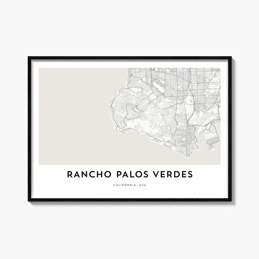 Rancho Palos Verdes black & white map poster of California, USA – horizontal wall art, unframed print shown in interior mocku
