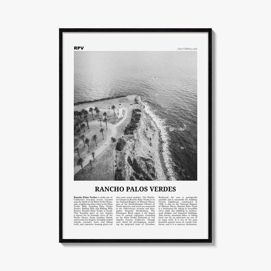Rancho Palos Verdes black & white newspaper poster of California, USA – vertical wall art, unframed print shown in interior m