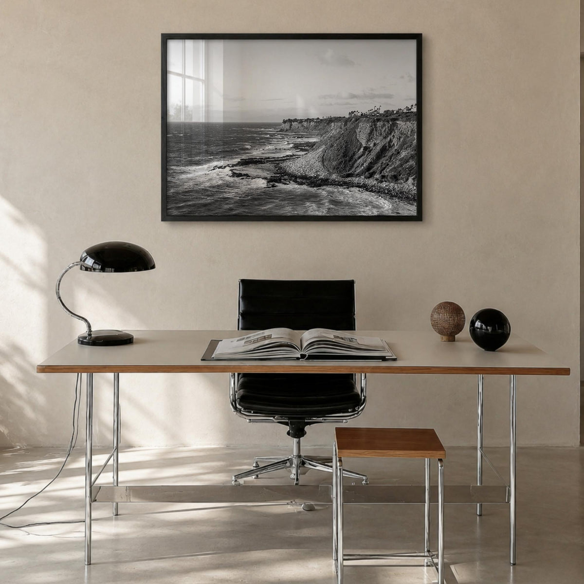 Rancho Palos Verdes black & white photo poster of California, USA – horizontal wall art in black wood frame, hanging on wall
