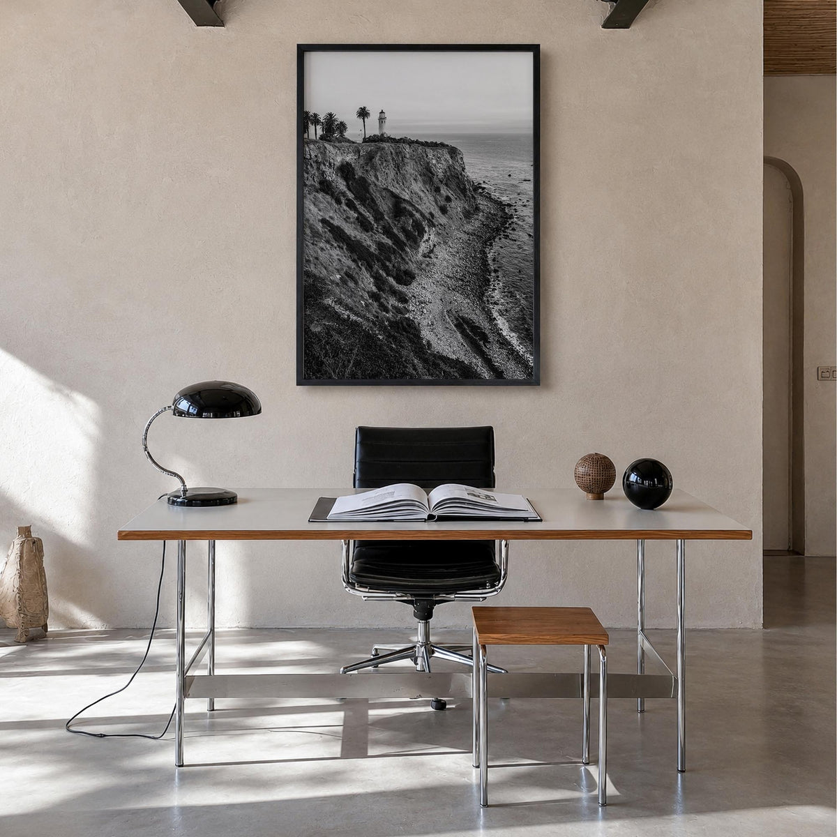 Rancho Palos Verdes black & white photo poster of California, USA – vertical wall art in black wood frame, hanging on wall
