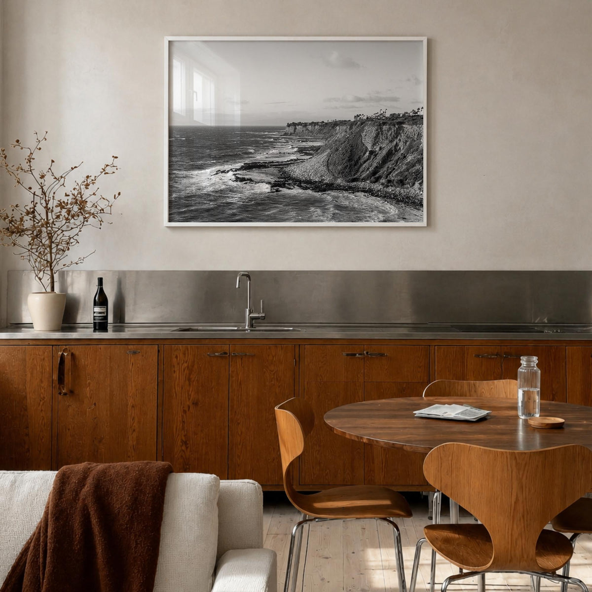 Rancho Palos Verdes black & white photo poster of California, USA – horizontal wall art in white wood frame, hanging on wall