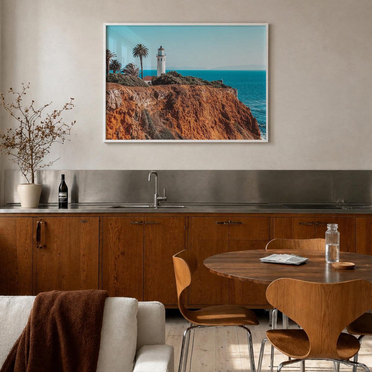 Rancho Palos Verdes colorful photo poster of California, USA – horizontal wall art in white wood frame, hanging on wall