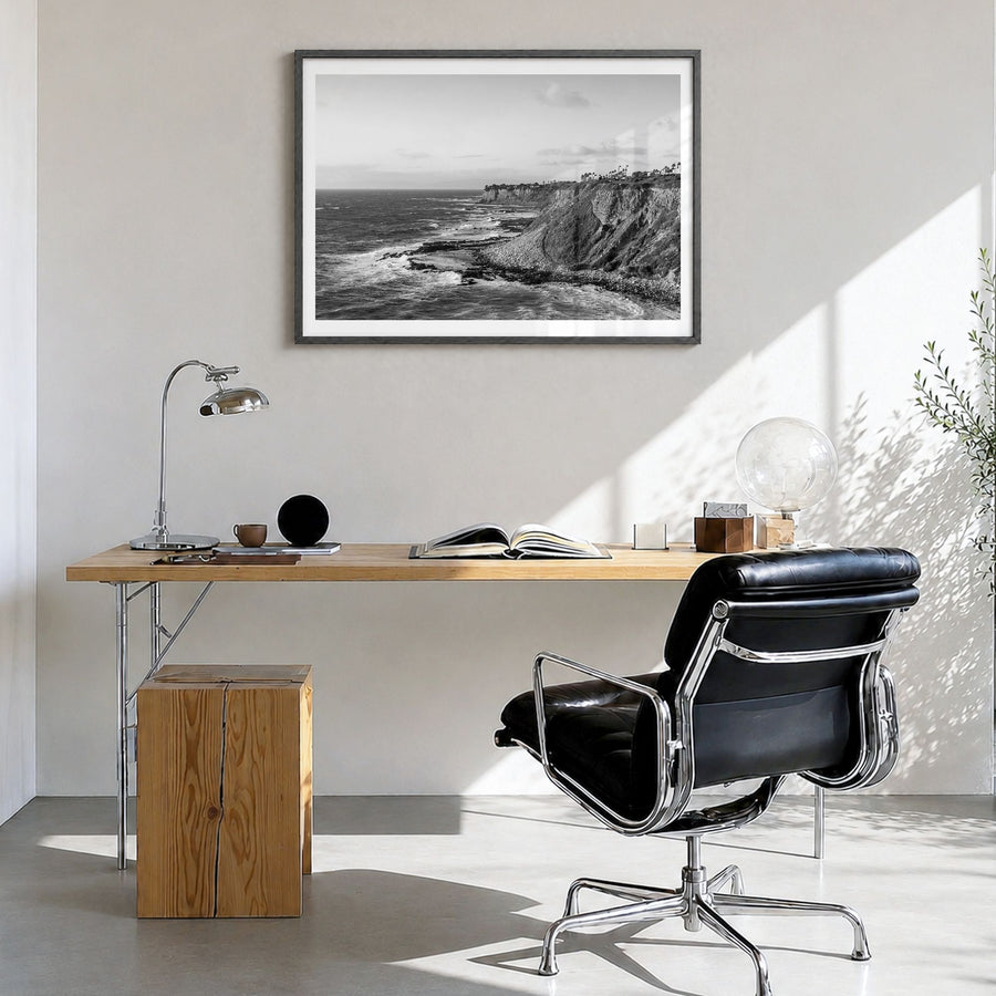 Rancho Palos Verdes Photo Poster in a black wood frame, hanging in a bright home office, white border