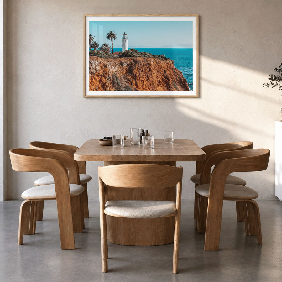 Rancho Palos Verdes Photo Poster in a natural wood frame, hanging in a dining room, white border