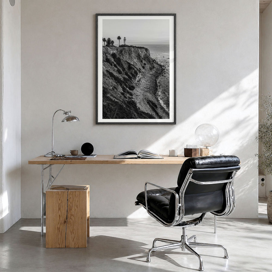 Rancho Palos Verdes Photo Poster in a black wood frame, hanging in a bright home office, white border