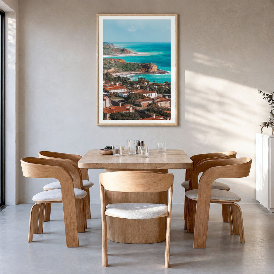 Rancho Palos Verdes Photo No 1 Poster in a natural wood frame, hanging in a dining room, white border