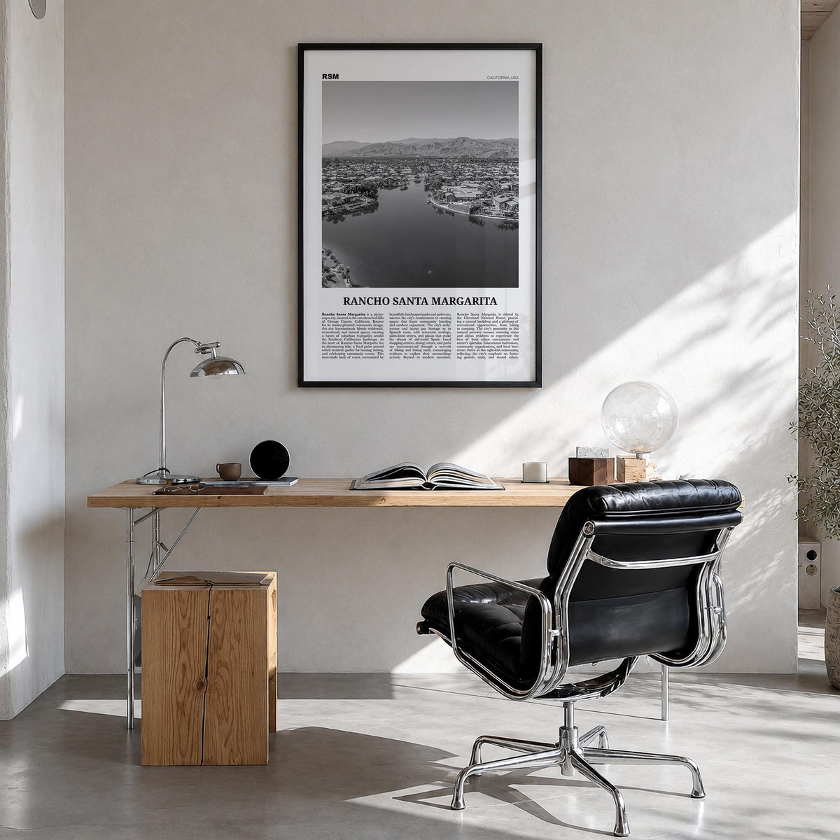 Rancho Santa Margarita black & white newspaper poster of California, USA – vertical wall art in black wood frame, hanging on 