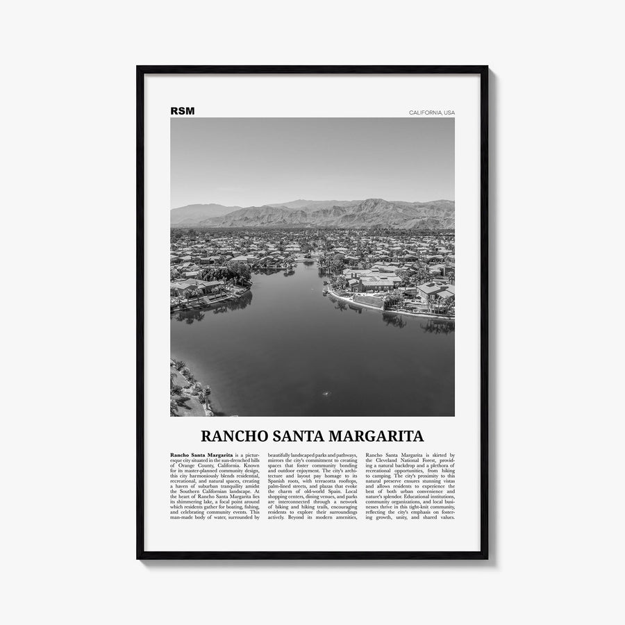 Rancho Santa Margarita black & white newspaper poster of California, USA – vertical wall art, unframed print shown in interio