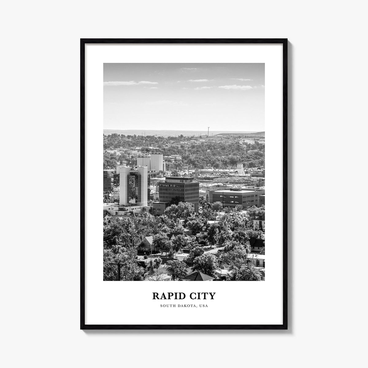 Rapid City black & white classic poster of South Dakota, USA – vertical wall art, unframed print shown in interior mockup