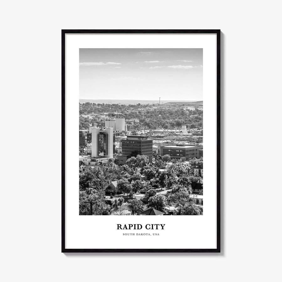 Rapid City black & white classic poster of South Dakota, USA – vertical wall art, unframed print shown in interior mockup
