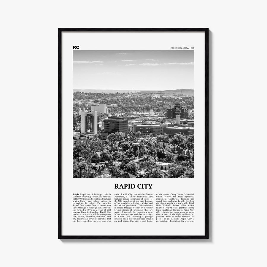 Rapid City black & white newspaper poster of South Dakota, USA – vertical wall art, unframed print shown in interior mockup