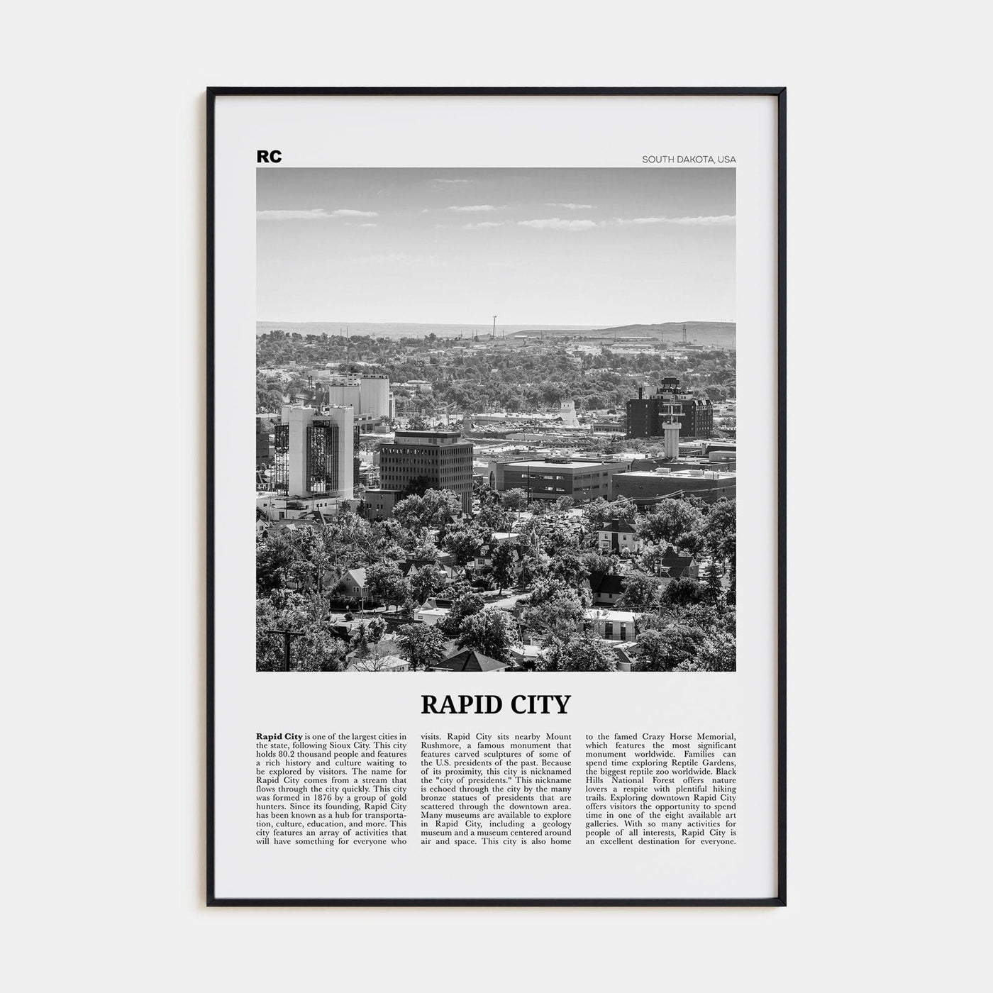 Rapid City Poster Black Metal / 8x12 in Nbourhood Travel B&W Poster