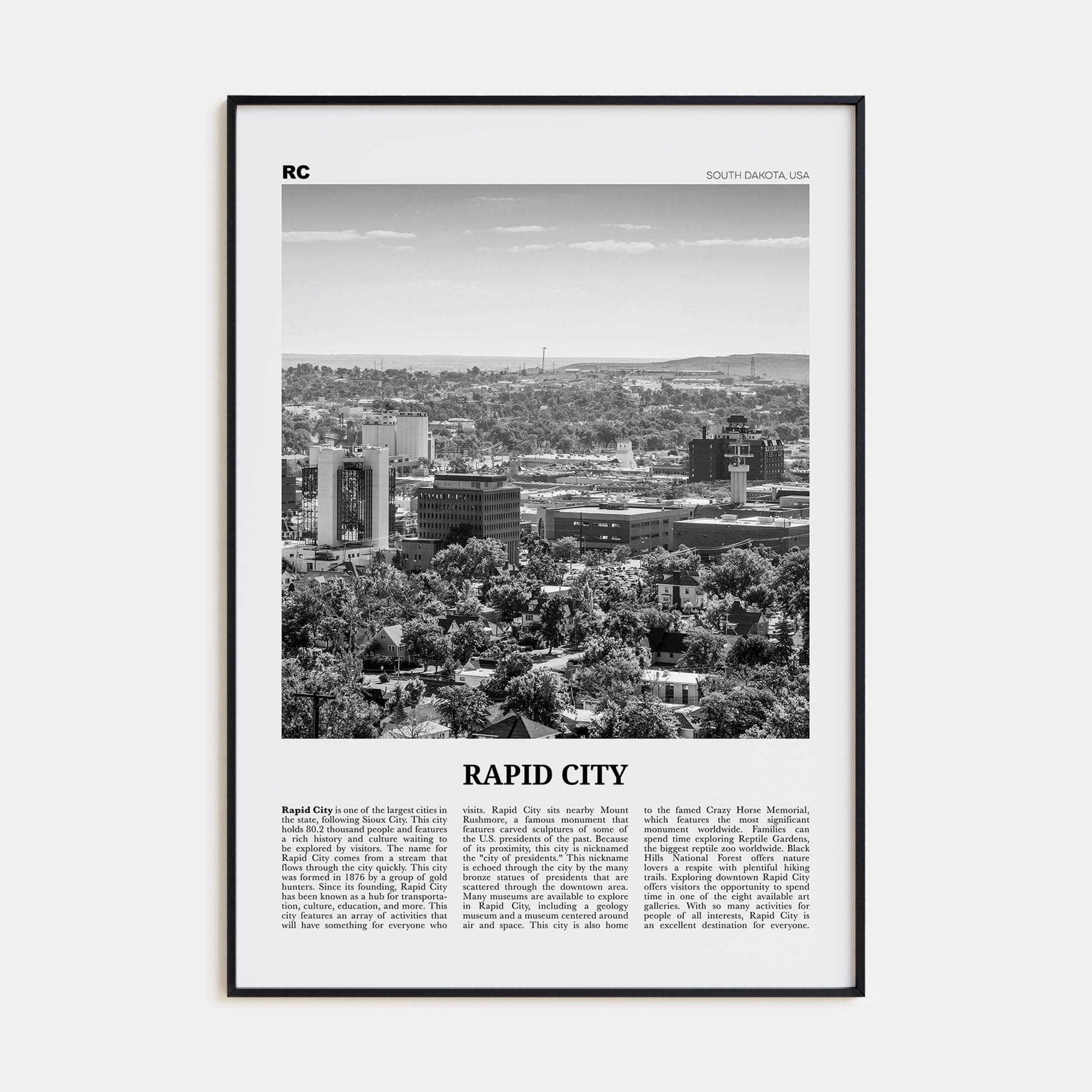 Rapid City Poster Black Metal / 8x12 in Nbourhood Travel B&W Poster