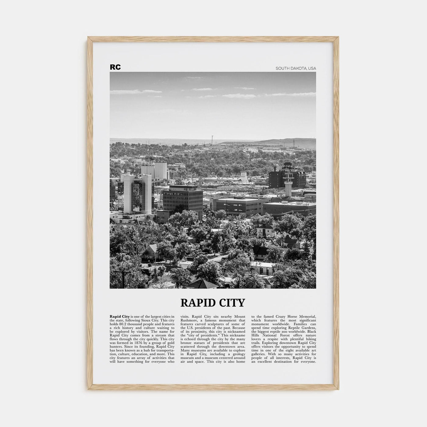 Rapid City Poster Natural Wood / 8x12 in Nbourhood Travel B&W Poster