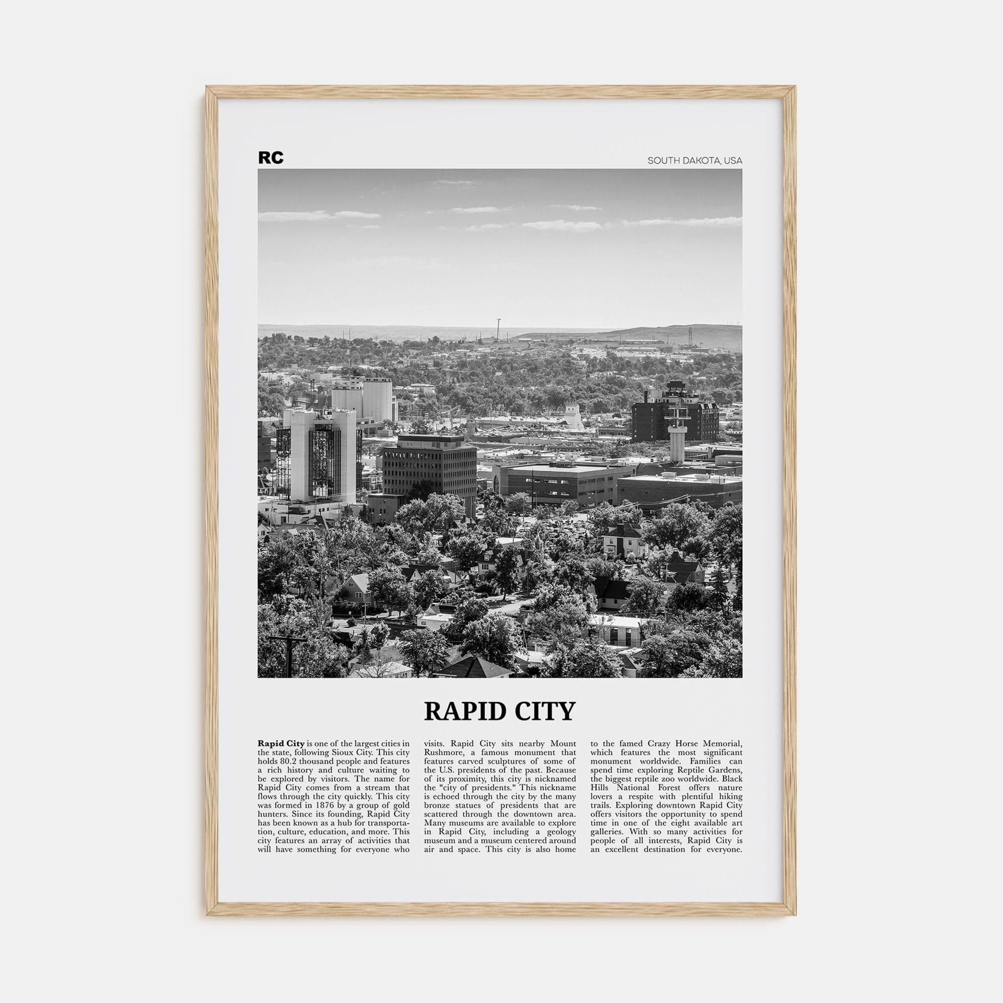 Rapid City Poster Natural Wood / 8x12 in Nbourhood Travel B&W Poster