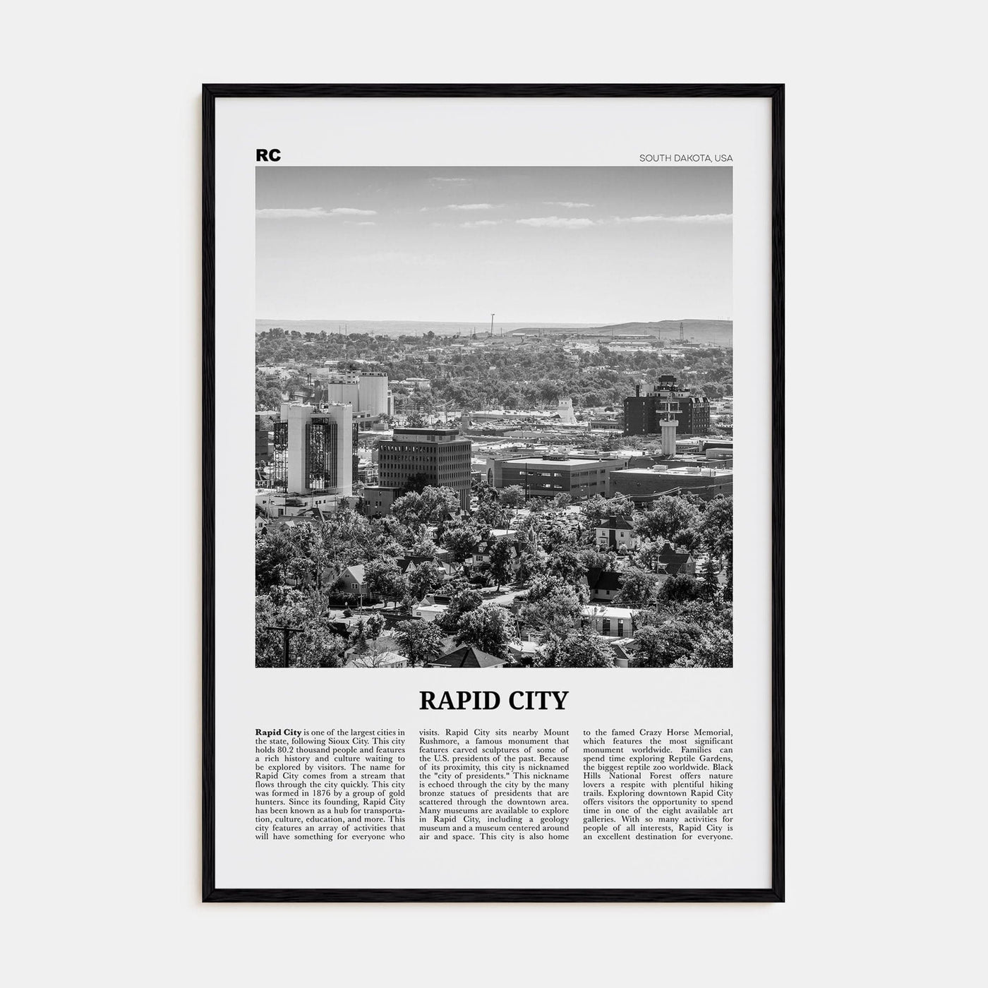 Rapid City Poster Black Wood / 8x12 in Nbourhood Travel B&W Poster