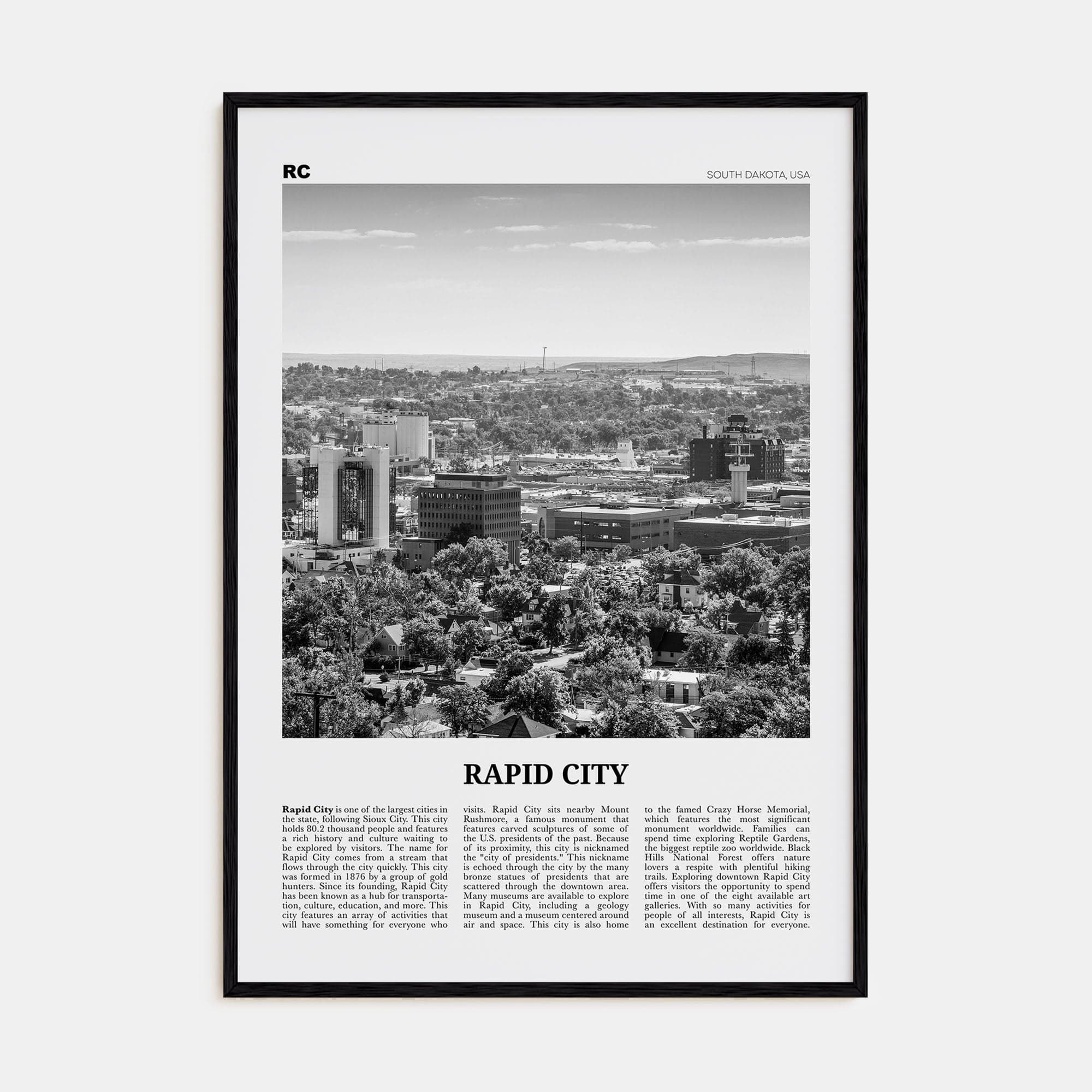 Rapid City Poster Black Wood / 8x12 in Nbourhood Travel B&W Poster